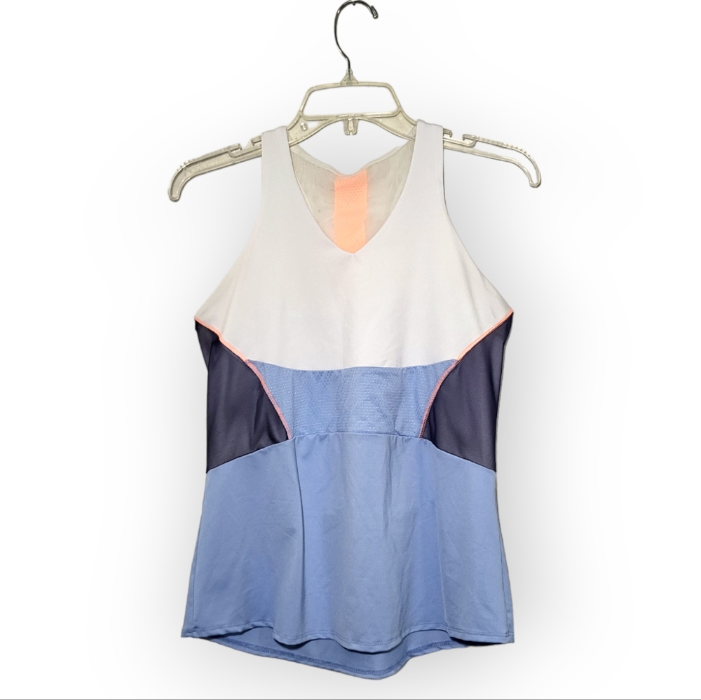 Lucky in Love Blue White Orange Mesh Back Tank Top Medium